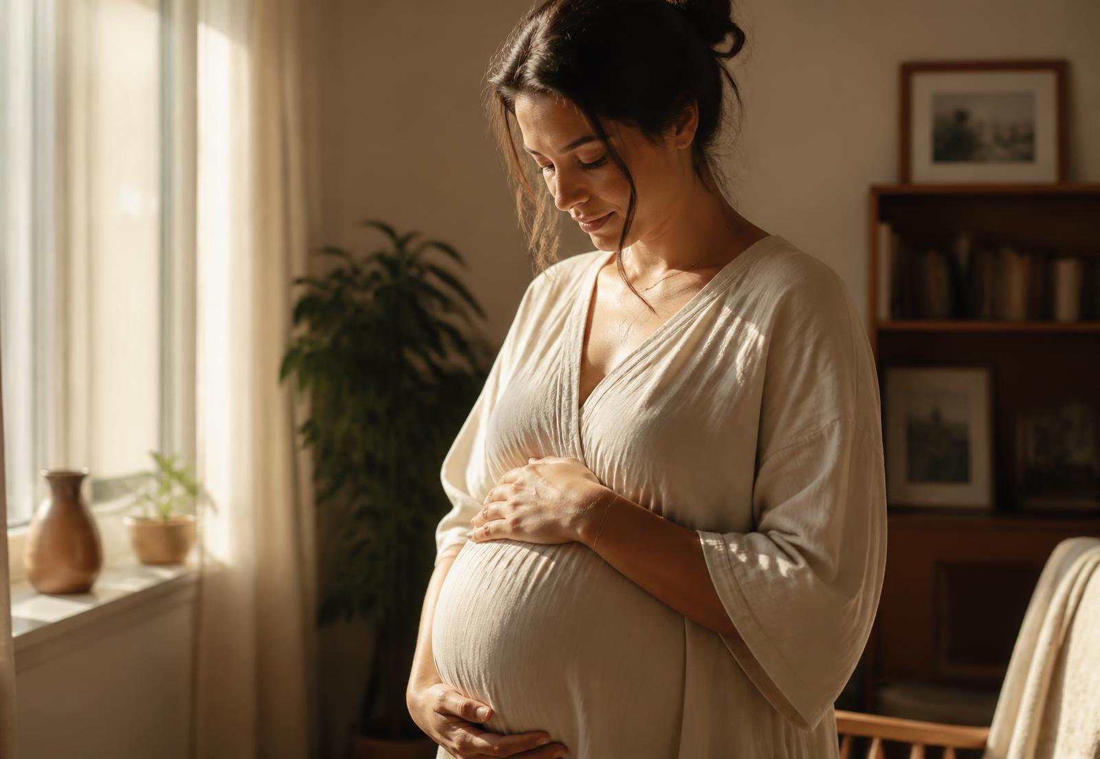 An expectant mother resting her hands on her belly in warm window light